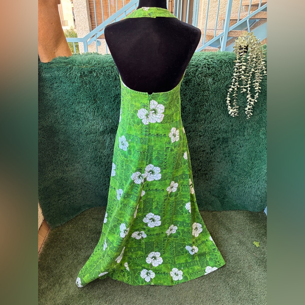 Vintage 60s/70s Small Barkcloth Hawaiian Halter Maxi Tiki Dress Muumuu - Picture 4 of 9